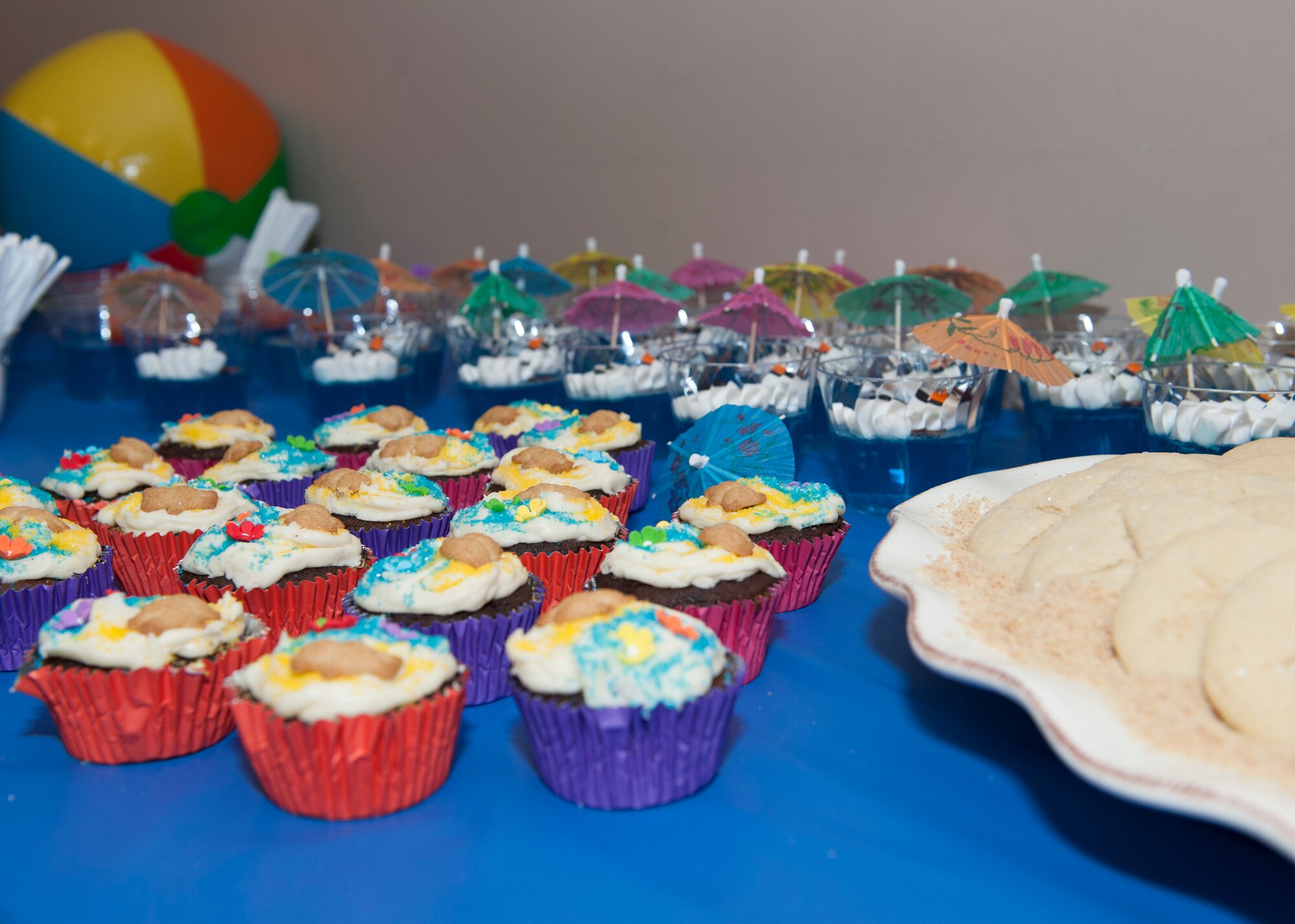 Beach-themed dessert foods sit on display at a deployed families’ dinner Jan. 15, 2015, at the Youth Center on Dover Air Force Base, Del. Each quarterly dinner has a theme and this one’s was a beach theme. (U.S. Air Force photo/Airman 1st Class Zachary Cacicia)
