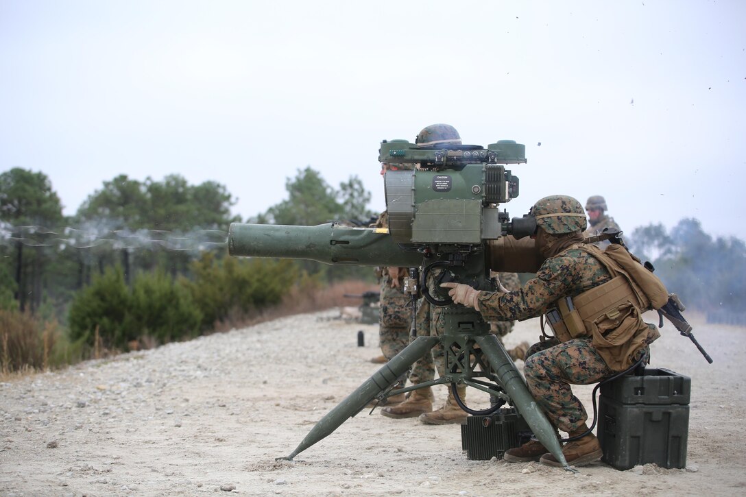 Sgt. Danielle V. Beck, anti-tank missileman with Anti-Armor Section, Weapons Company, Ground Combat Element Integrated Task Force, fires an M41A4 Saber missile launcher during a live-fire exercise at Range G-3, Marine Corps Base Camp Lejeune, North Carolina, Jan. 14, 2015. Weapons Co. Marines conducted live-fire training in preparation for their upcoming assessment at Marine Corps Air Ground Combat Center Twentynine Palms, California. From October 2014 to July 2015, the GCEITF will conduct individual and collective level skills training in designated ground combat arms occupational specialties in order to facilitate the standards based assessment of the physical performance of Marines in a simulated operating environment performing specific ground combat arms tasks. (U.S. Marine Corps photo by Sgt. Alicia R. Leaders/Released)
