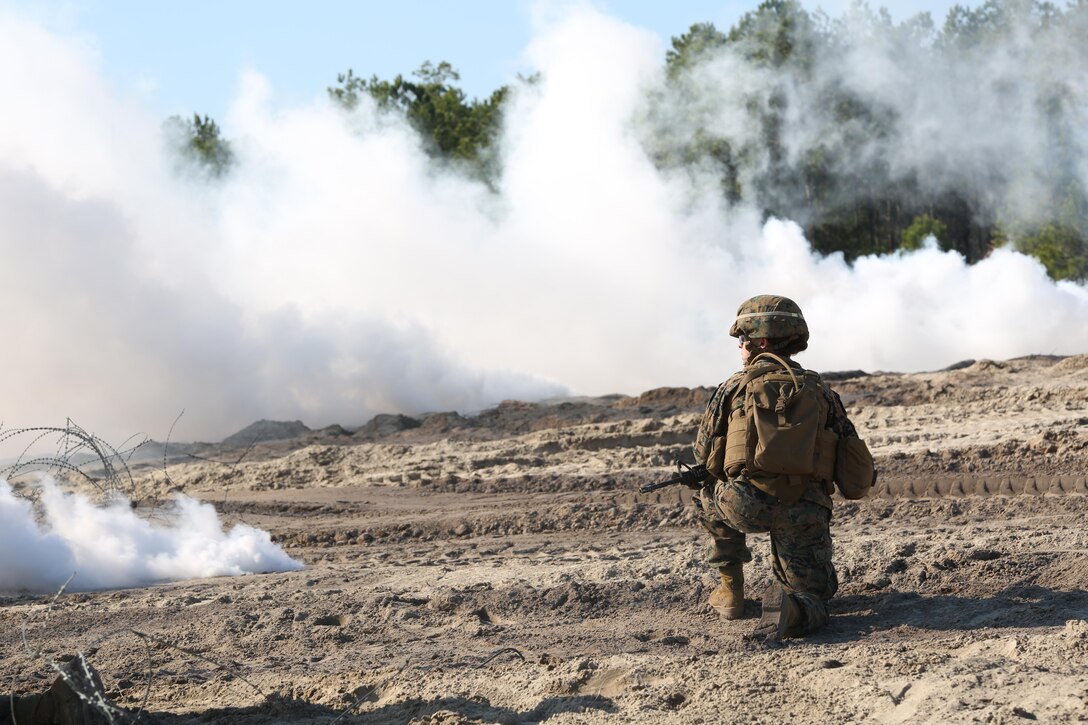 Cpl. Jade Nichols, combat engineer, Engineer Platoon, Headquarters and Service Company, Ground Combat Element Integrated Task Force, provides security under the concealment of a smoke grenade during a field training exercise at Engineer Training Area 2 aboard Marine Corps Base Camp Lejeune, North Carolina, Jan. 16, 2015. From October 2014 to July 2015, the GCEITF will conduct individual and collective level skills training in designated ground combat arms occupational specialties in order to facilitate the standards based assessment of the physical performance of Marines in a simulated operating environment performing specific ground combat arms tasks. (U.S. Marine Corps photo by Cpl. Paul S. Martinez/Released)