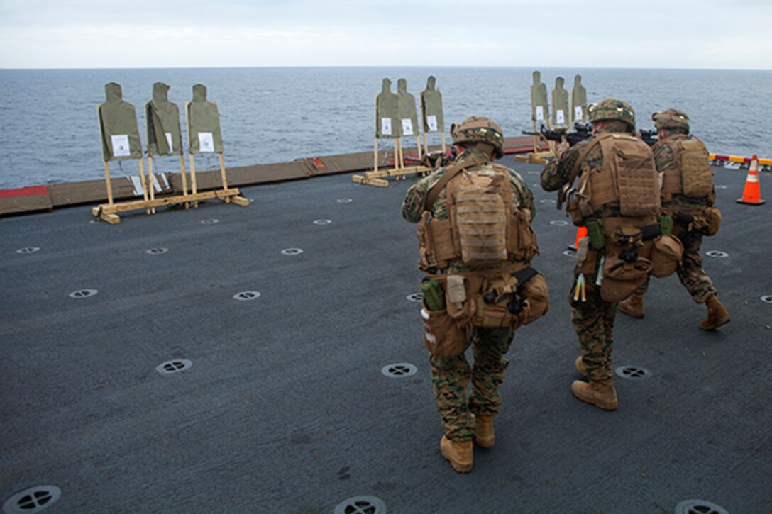Marines assigned to Lima Company, Battalion Landing Team 3rd Battalion 6th Marine Regiment, 24th Marine Expeditionary Unit, participate in a live-fire exercise on the flight deck aboard USS Iwo Jima Jan. 4, 2015. The 24th MEU and Iwo Jima Amphibious Ready Group are conducting naval operations in the U.S. 6th Fleet area of operations in support of U.S. national security interests in Europe. (U.S. Marine Corps photo by Lance Cpl. Austin A. Lewis/Released)