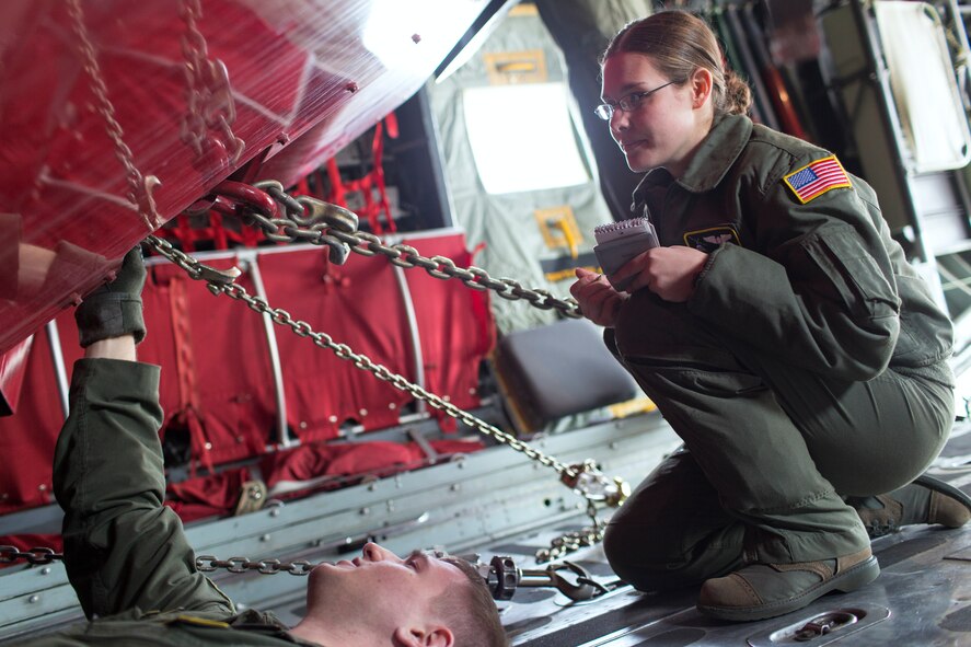 (Right) Senior Airman Taylor Hubstenberger, 36th Airlift Squadron loadmaster, calculates the weight and balances of C-130 Hercules and the P-19 Aircraft Rescue Fire Fighting vehicle inside it at Yokota Air Base, Japan, Jan. 14, 2015, during a Samurai Readiness Inspection. The readiness inspection was designed to evaluate areas such a rapid mobility response to simulated contingencies. (U.S. Air Force photo by Osakabe Yasuo/Released)