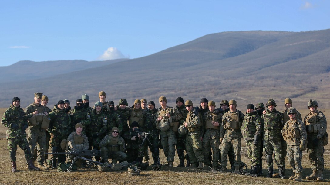 Black Sea Rotational Force Marines and Romanian soldiers paired together during Platinum Lion 15 Jan 15 at Novo Selo Training Area, Bulgaria. BSRF Marines trained with Serbian, Bulgarian and Romanian soldiers during the exercise. 