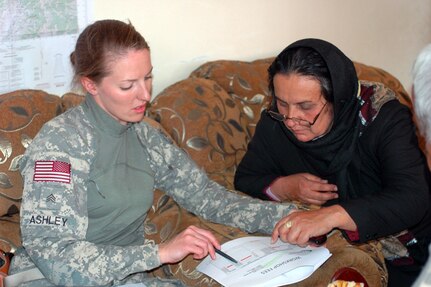 Local women receive training about how to manage bee hives for the Kapisa Honeybee Project that the Kentucky National Guard's Agricultural Development Team, attached to the 86th Infantry Brigade Combat Team of the Vermont National Guard, is facilitating, April 6, 2010. The project involves supplying women in Kapisa with beehives and training on how to manage the hives so that they can harvest and sell the honey.