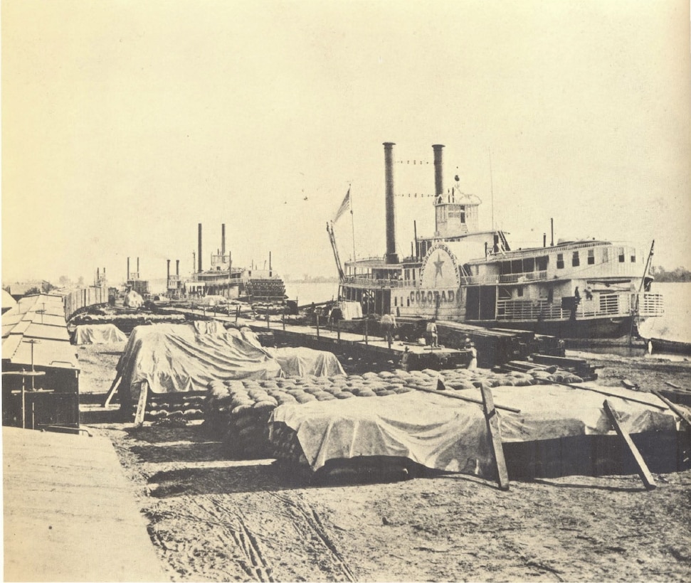 Steamboat Colorado at Omaha's Farnam Street dock in 1865. One of six steamboats exclusively employed by the Union Pacific Railroad for carrying provisions up the Missouri River, Union Pacific Railroad Hisotrical photo.