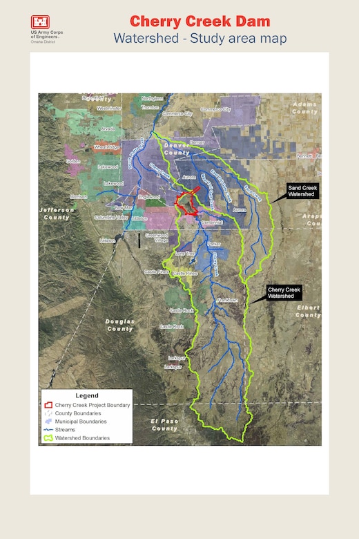 Map depicting tributaries flowing into Cherry Creek Reservoir and the Sand Creek watershed that would be impacted by the maximum conceivable precipitation event related to the Dam Safety Modification Study. The probability of such an event is extremely rare. However, it is important to improve the public's awareness of these risks. Actual flooding is dependent upon runoff and flow from the dam.