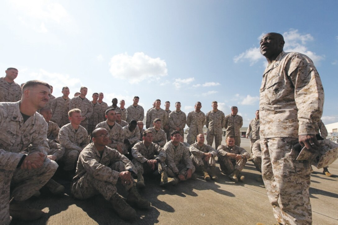 Commandant of the Marine Corps Gen. Joseph F. Dunford Jr. announces Jan. 20 the selection of Sgt. Maj. Ronald L. Green as the next Sergeant Major of the Marine Corps. In this 2011 image, Green, then serving as the Marine Forces Africa sergeant major, spoke to a group of Special Purpose Marine Air Ground Task Force 12 Marines and Sailors.