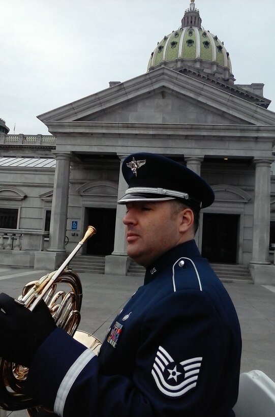 TSgt Jeremy Buss performs with Brass in Blue for the inauguration of Gov. Tom Wolf, Pennsylvania’s 47th governor, in Harrisburg, Pa. on Tuesday, Jan. 20, 2015.