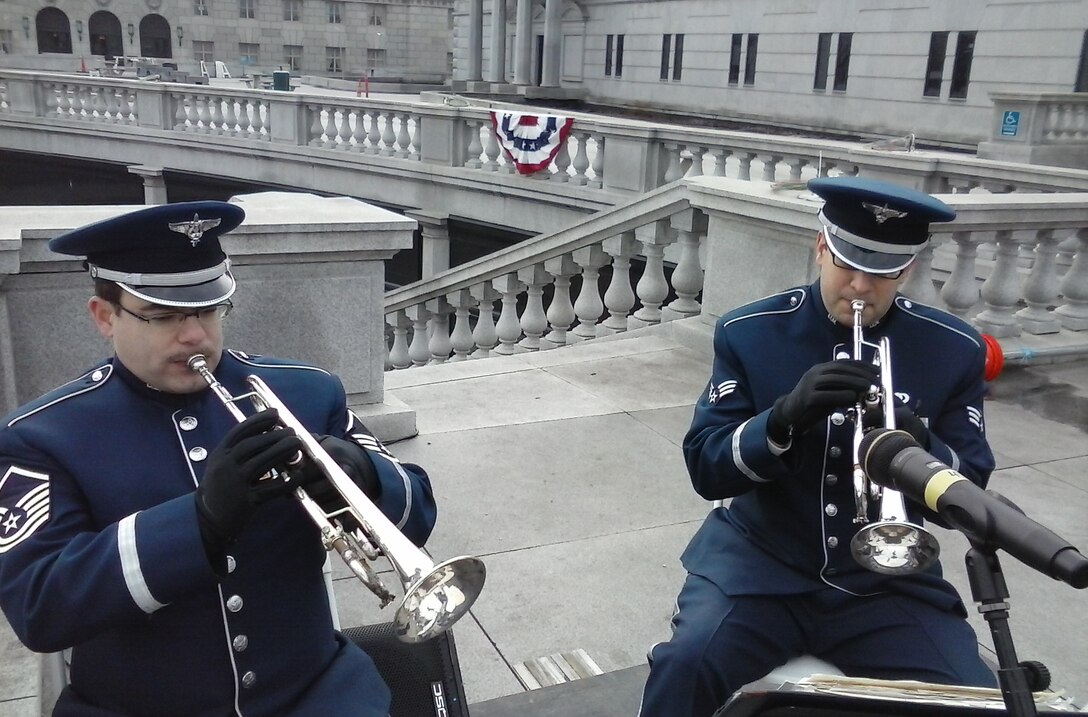 MSgt Jeffrey Pautz and SrA Jeremy Carles perform with Brass in Blue for the inauguration of Gov. Tom Wolf, Pennsylvania’s 47th governor, in Harrisburg, Pa. on Tuesday, Jan. 20, 2015.