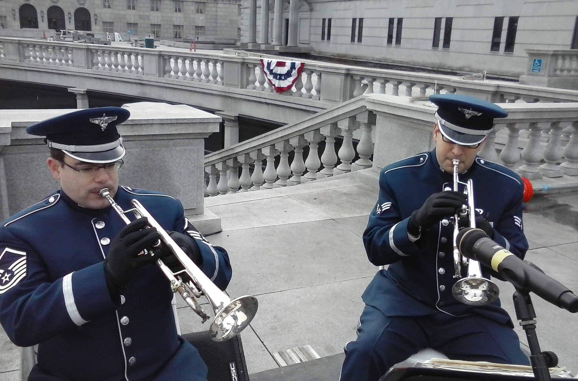MSgt Jeffrey Pautz and SrA Jeremy Carles perform with Brass in Blue for the inauguration of Gov. Tom Wolf, Pennsylvania’s 47th governor, in Harrisburg, Pa. on Tuesday, Jan. 20, 2015.