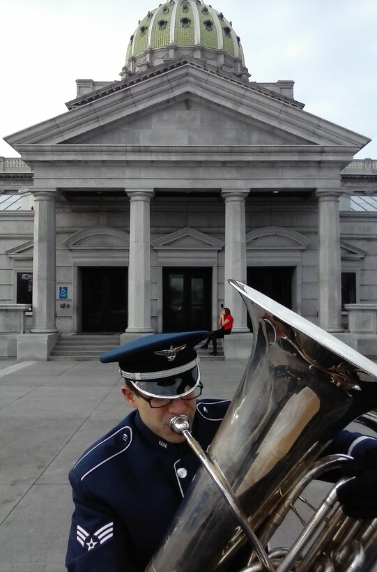SrA Daniel Safford performs with Brass in Blue for the inauguration of Gov. Tom Wolf, Pennsylvania’s 47th governor, in Harrisburg, Pa. on Tuesday, Jan. 20, 2015.