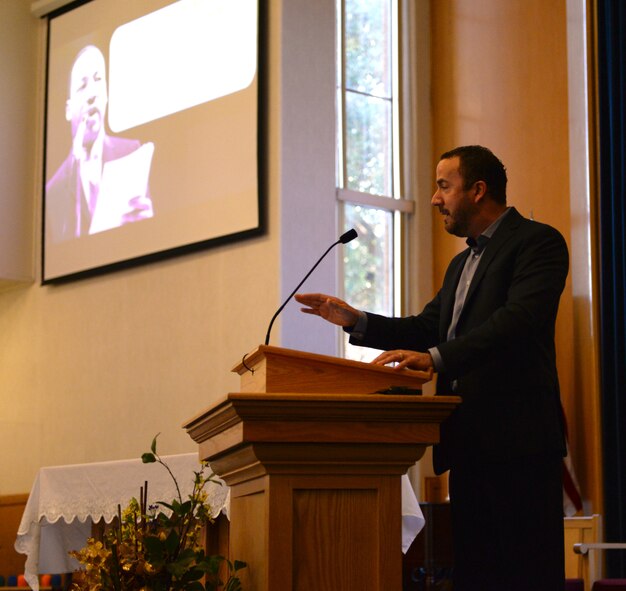 James McMenis, local pastor, delivers the message at the Martin Luther King commemorative worship service on Barksdale Air Force Base, La., Jan. 15, 2015. King was an advocate for equality who used peaceful protest as a means to speak out for African Americans, the economically disadvantaged and victims of injustice. (U.S. Air Force photo/Airman 1st Class Curt Beach)