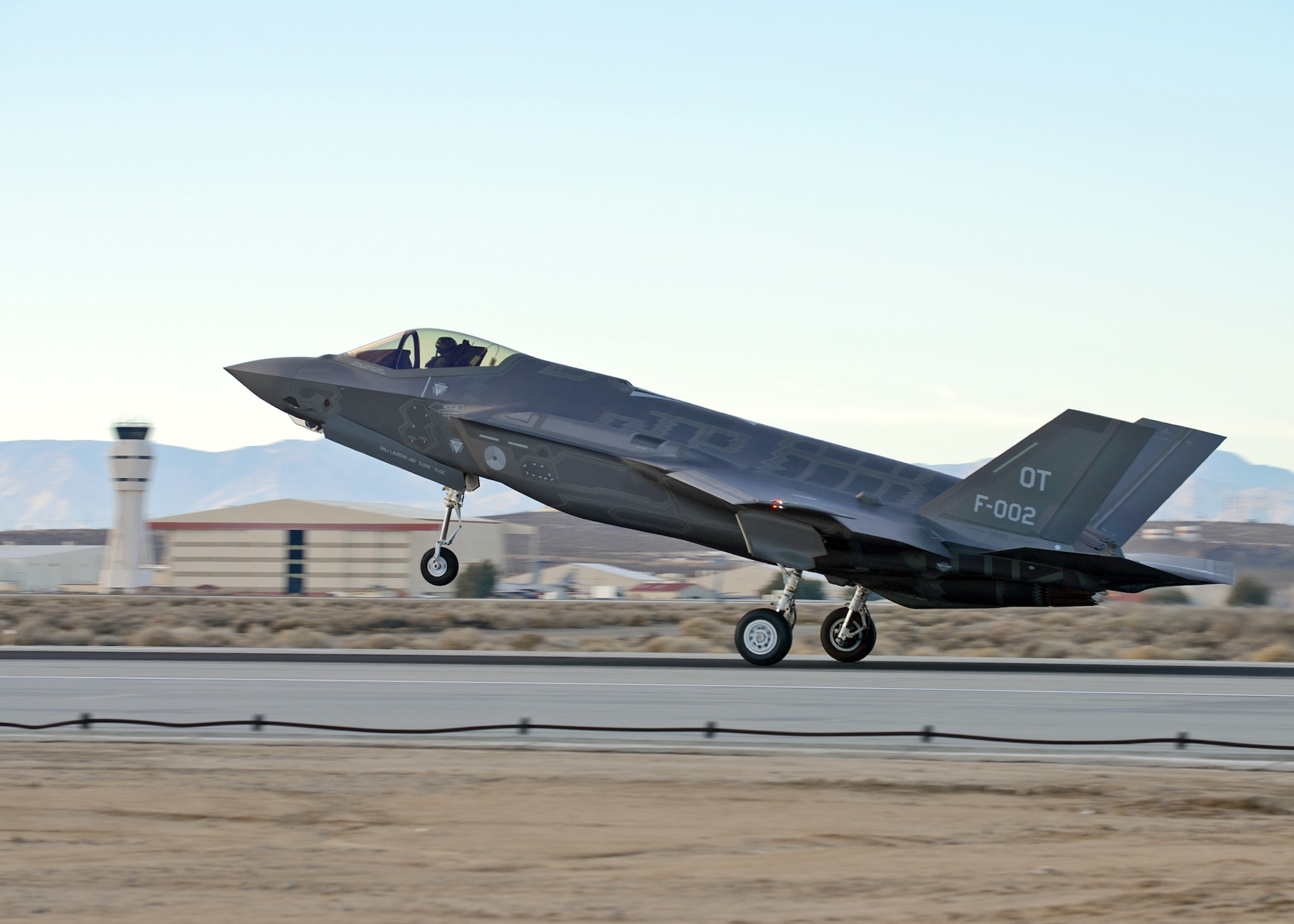 Two F-35 Lightning IIs, F-001 and F-002, of the Royal Netherlands Air Force landed at Edwards Jan. 16, after a five-hour flight from Eglin Air Force Base, Fla. The Joint Strike Fighters arrived for an operational test and evaluation phase here in the High Desert. (U.S. Air Force photo by Jet Fabara)
