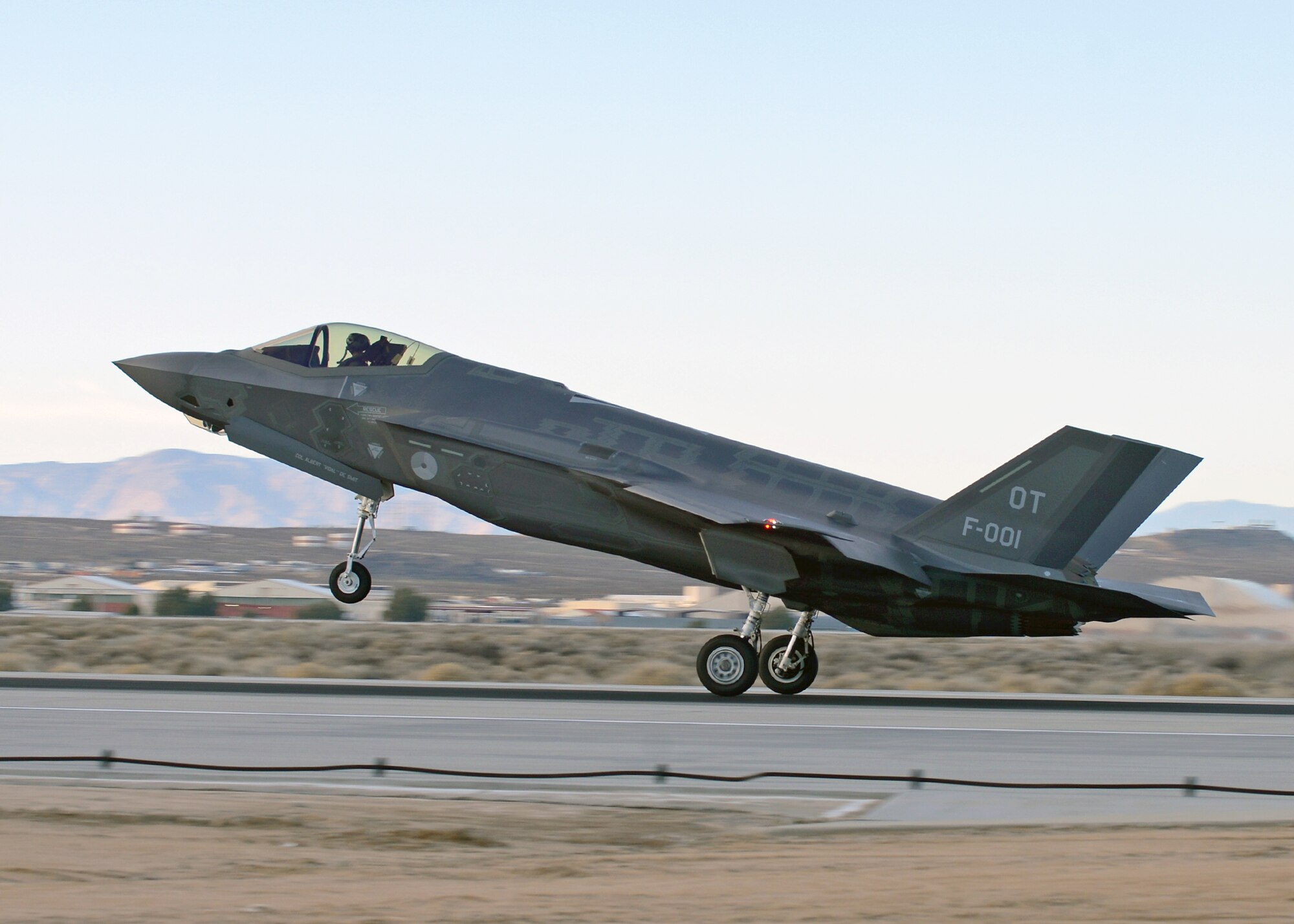 Two F-35 Lightning IIs, F-001 and F-002, of the Royal Netherlands Air Force landed at Edwards Jan. 16, after a five-hour flight from Eglin Air Force Base, Fla. The Joint Strike Fighters arrived for an operational test and evaluation phase here in the High Desert. (U.S. Air Force photo by Jet Fabara)