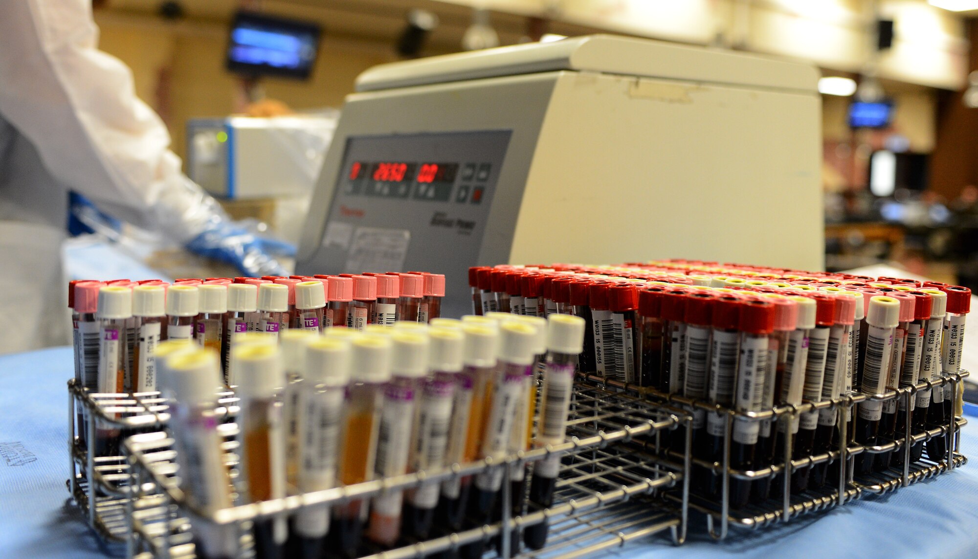 A Landstuhl Regional Medical Center laboratory technician arranges vials of blood during an Armed Services Blood Program blood drive at the Brick House in the community center on Spangdahlem Air Base, Germany, Jan. 20, 2015. The donated blood is sent to forward operating bases and military medical agencies around the world to continually support military blood transfusions. (U.S. Air Force photo by Airman 1st Class Luke Kitterman/Released)