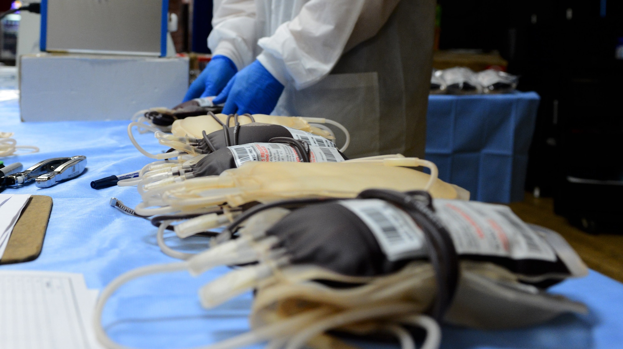 A Landstuhl Regional Medical Center laboratory technician organizes bags of blood during an Armed Services Blood Program blood drive at the Brick House in the community center on Spangdahlem Air Base, Germany, Jan. 20, 2015. An ASBP blood drive accumulates nearly 50 units of blood on average during site visits. (U.S. Air Force photo by Airman 1st Class Luke Kitterman/Released)