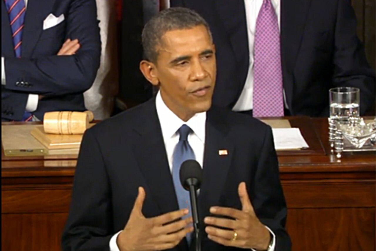 President Barack Obama delivers the State of the Union address to the U.S. Congress in Washington, Jan. 20, 2015. Video screen shot