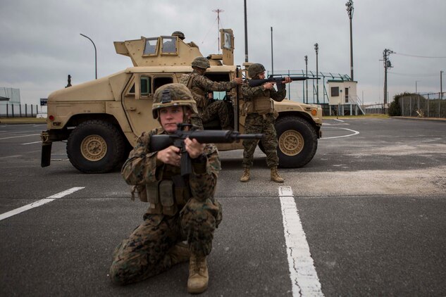 Members of Bravo Company, 1st Battalion, 1st Marines provide security during convoy operations training, Jan. 14, 2015, at Penny Lake Fields aboard Marine Corps Air Station Iwakuni, Japan. The training is part of combined arms training focused on improving unit cohesion and combat readiness.