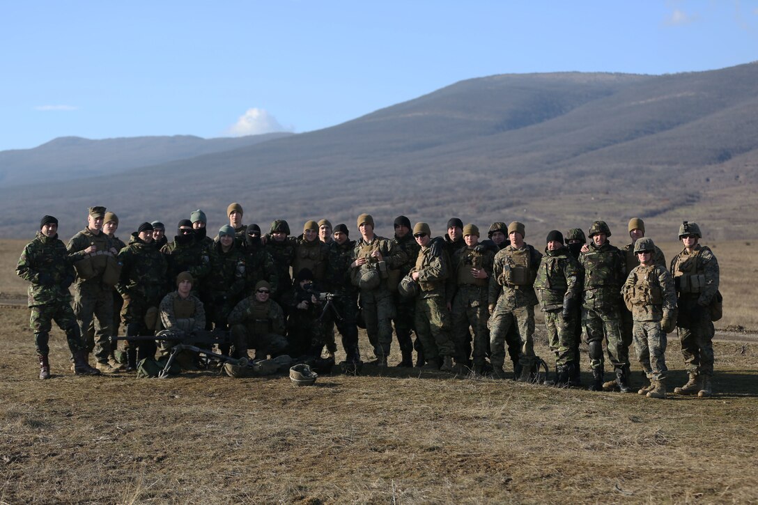 Black Sea Rotational Force Marines and Romanian soldiers paired together during Platinum Lion 15 Jan 15 at Novo Selo Training Area, Bulgaria. BSRF Marines trained with Serbian, Bulgarian and Romanian soldiers during the exercise. (U.S. Marine Corps photo by Cpl. Ryan Young/released)