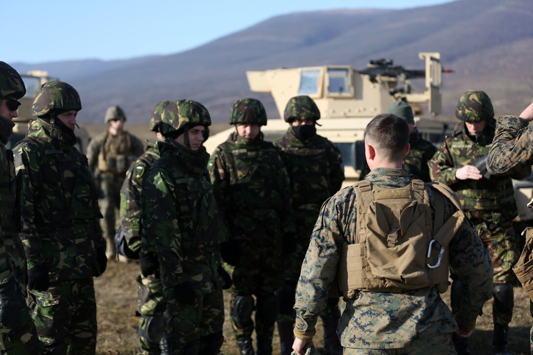 Black Sea Rotational Force Marines and Romanian soldiers paired together during Platinum Lion 15 Jan 15 at Novo Selo Training Area, Bulgaria. BSRF Marines trained with Serbian, Bulgarian and Romanian soldiers during the exercise. (U.S. Marine Corps photo by Cpl. Ryan Young/released)