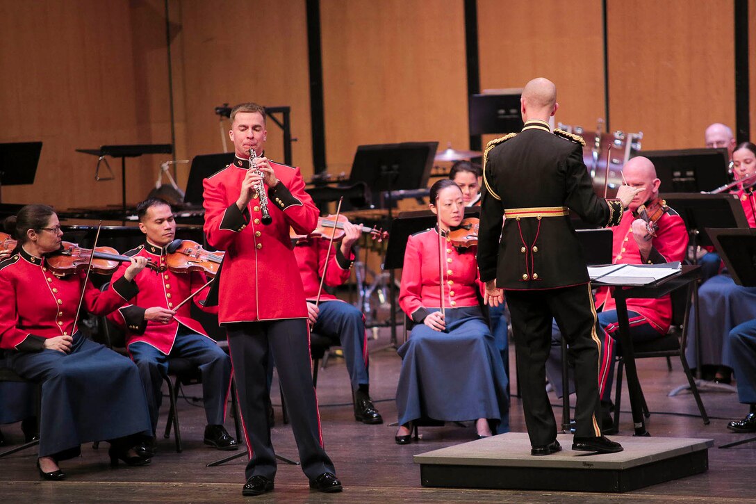 The Marine Chamber Orchestra performed Jean Fracaix's L’Horloge de Flore (Flower Clock), featuring an oboe solo with the orchestra, on Jan. 18 at Northern Virginia Community College's Schlesinger Concert Hall. (U.S. Marine Corps photo by Staff Sgt. Brian Rust/released)