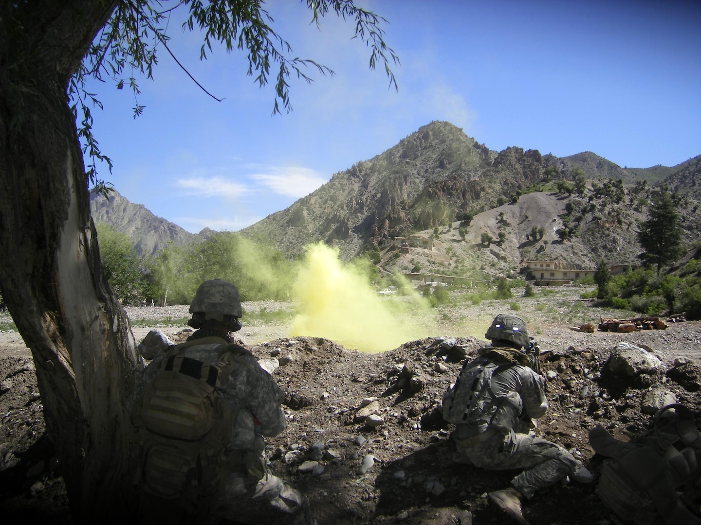 Soldiers with 3rd Battalion, 172nd Infantry Regiment, of the Maine National Guard, prepare to board UH-60 Black Hawk helicopters, after successful completion of their first combat air assault mission in Lalakeh village, Paktya Province, Afghanistan, May 1. During the mission, a weapons cache was found and destroyed, and multiple arms dealers and insurgent militants were captured.