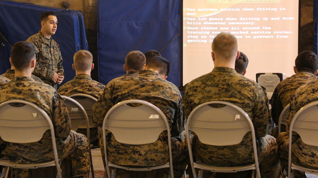 Marines with 2nd Battalion, 6th Marine Regiment, and Combat Logistics Battalion 26, Headquarters Regiment, 2nd Marine Logistics Group, learn small unit support vehicle and mountain driving during classroom instruction aboard Bridgeport, California, Jan. 14, 2015. The Marines learned the advantages and disadvantages of high mobility multipurpose wheeled vehicles and SUSV’s based on their capabilities when faced with mountainous terrain. 