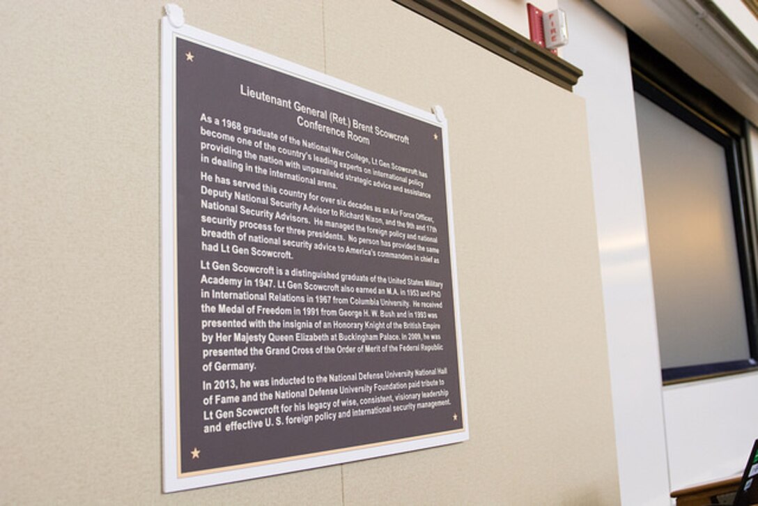 A replica of the dedication plaque placed temporarily in the Scowcroft Conference Room in NWC's Roosevelt Hall.