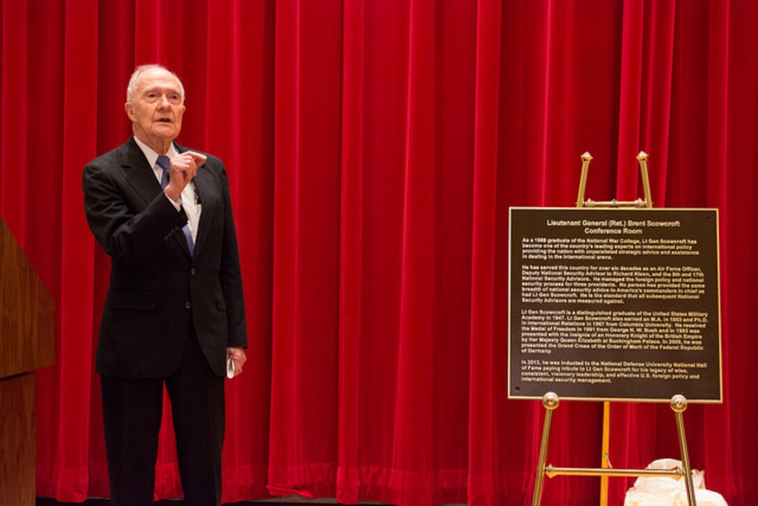 Lt. Gen. Brent Scowcroft, USAF, (Ret.) delivering his remarks after the presentation of the dedication plaque.