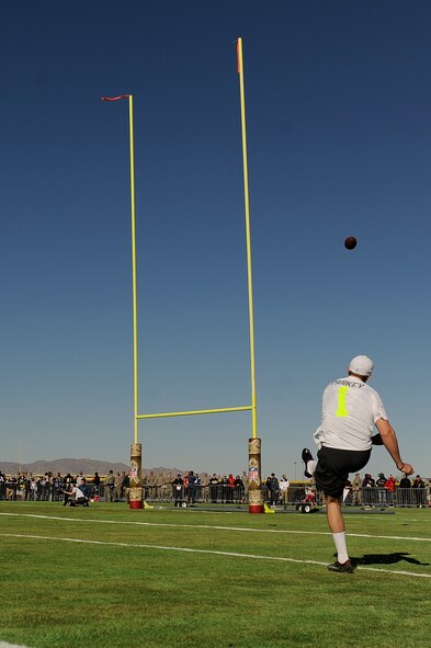 Cody Parkey, Philadelphia Eagles placekicker assigned to Team Carter, kicks a field goal during the Pro Bowl practice held at Luke Air Force Base, Arizona, Jan. 22, 2015. The Pro Bowl players came out to Luke to show support and practice for the game this Sunday. (U.S. Air Force photo by Staff Sgt. Staci Miller)