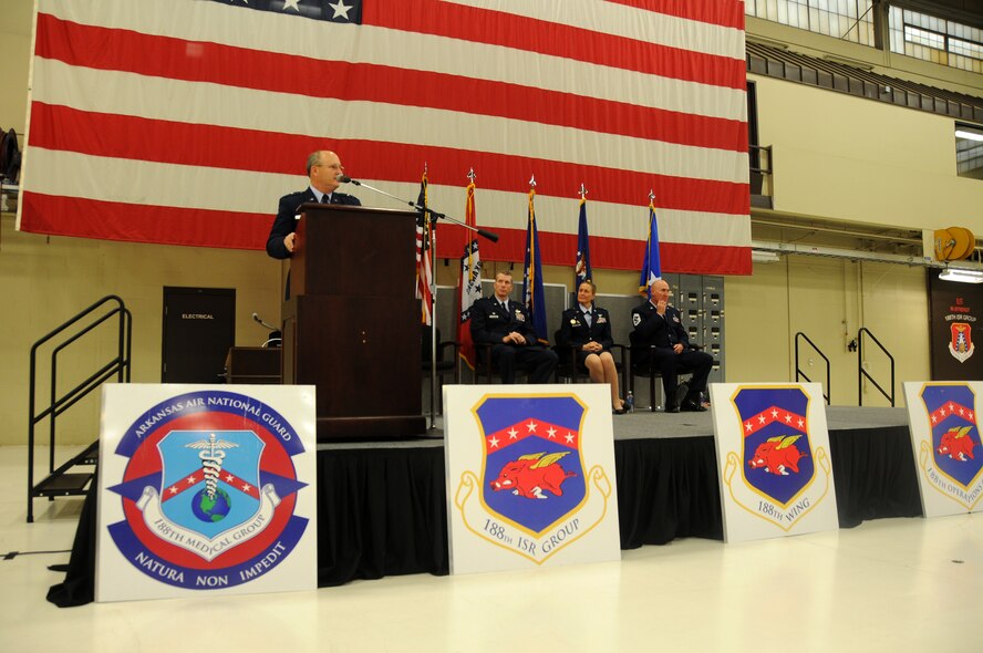 Brig. Gen. Dwight Balch, Arkansas Air National Guard commander, delivers a speech during wing change of command ceremony Jan. 11 at Ebbing Air National Guard Base, Fort Smith, Ark. Col. Mark Anderson relinquished command of the 188th to Col. Bobbi Doorenbos during the ceremony. (U.S. Air National Guard photo by Airman 1st Class Cody Martin/released)
