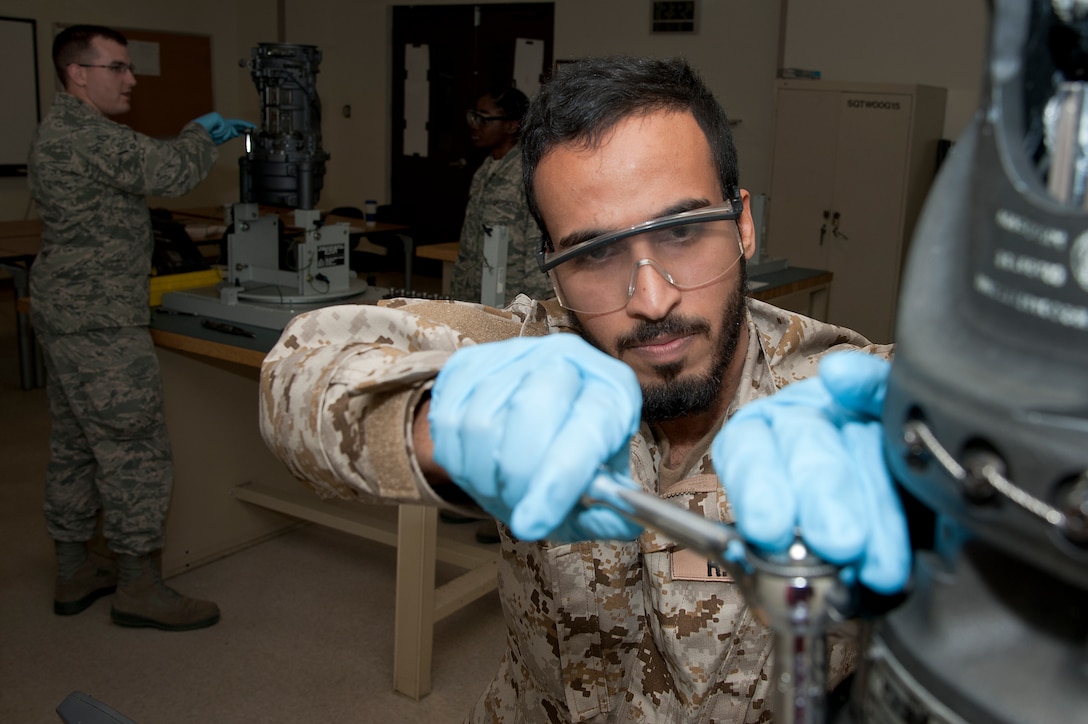 Royal Saudi Air Force Staff Sgt. Mohammed Alshalani, 363rd Training Squadron
does an inspection on an F-15 Eagle armament weapon system at Sheppard Air
Force Base, Texas, Jan. 20, 2015. The mission of the 363rd TRS is to provide
the world's best highly trained and motivated aircraft armament system
personnel to support global engagement.  (U.S. Air Force Photo Danny Webb/Released) 
