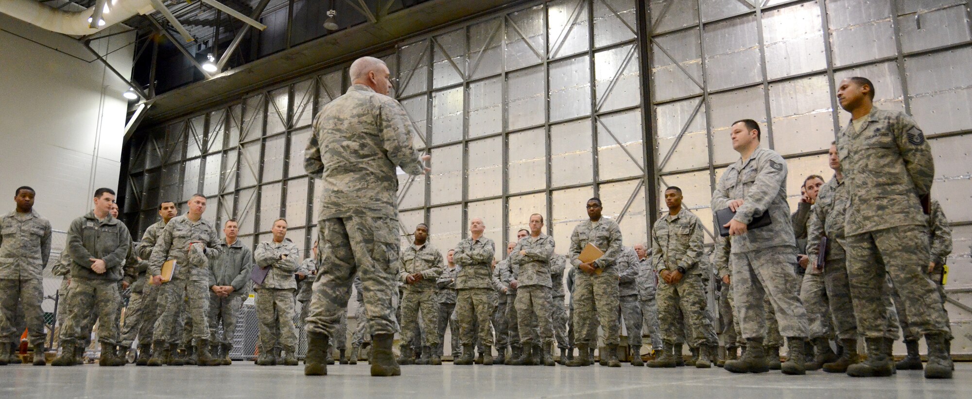 94th Maintenance Group personnel receive an early morning briefing in preparation for their up-coming Southwest Asia deployment, Jan. 2, 2015 at Dobbins Air Reserve Base, Ga.  (U.S. Air Force photo/Brad Fallin)