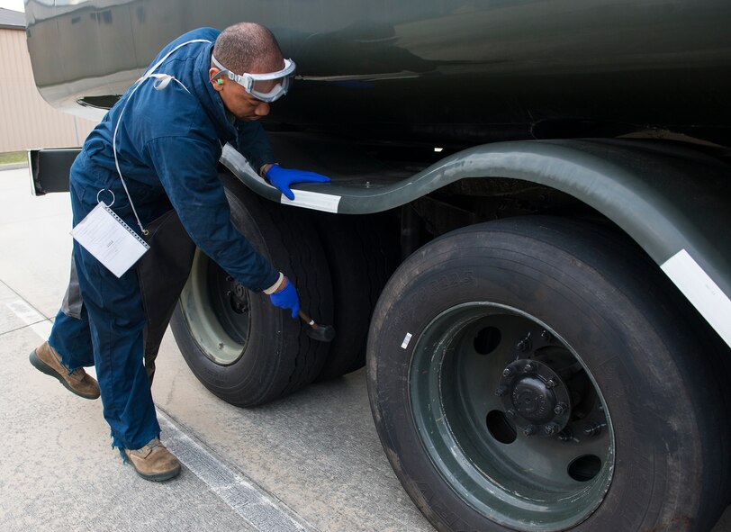 U.S. Air Force Airman 1st Class Donovohn Brown, 23d Logistics Readiness Squadron fuels distribution operator, checks tire pressure during a checkpoint inspection Jan. 22, 2015, at Moody Air Force Base, Ga. The 23d LRS performs the inspection daily to ensure safety and prevent issues on the flightline. (U.S. Air Force photo by Airman 1st Class Ceaira Tinsley)