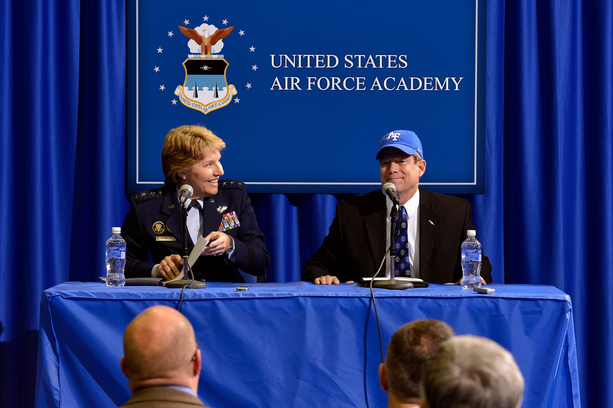 U.S. Air Force Academy Superintendent Lt. Gen. Michelle D. Johnson sits with newly-named Academy Athletic Director Mr. James Knowlton at a press conference in Clune Arena Jan. 21, 2015. The press conference officially announced Knowlton’s acceptance of the position. (U.S. Air Force photo/Jason Gutierrez)