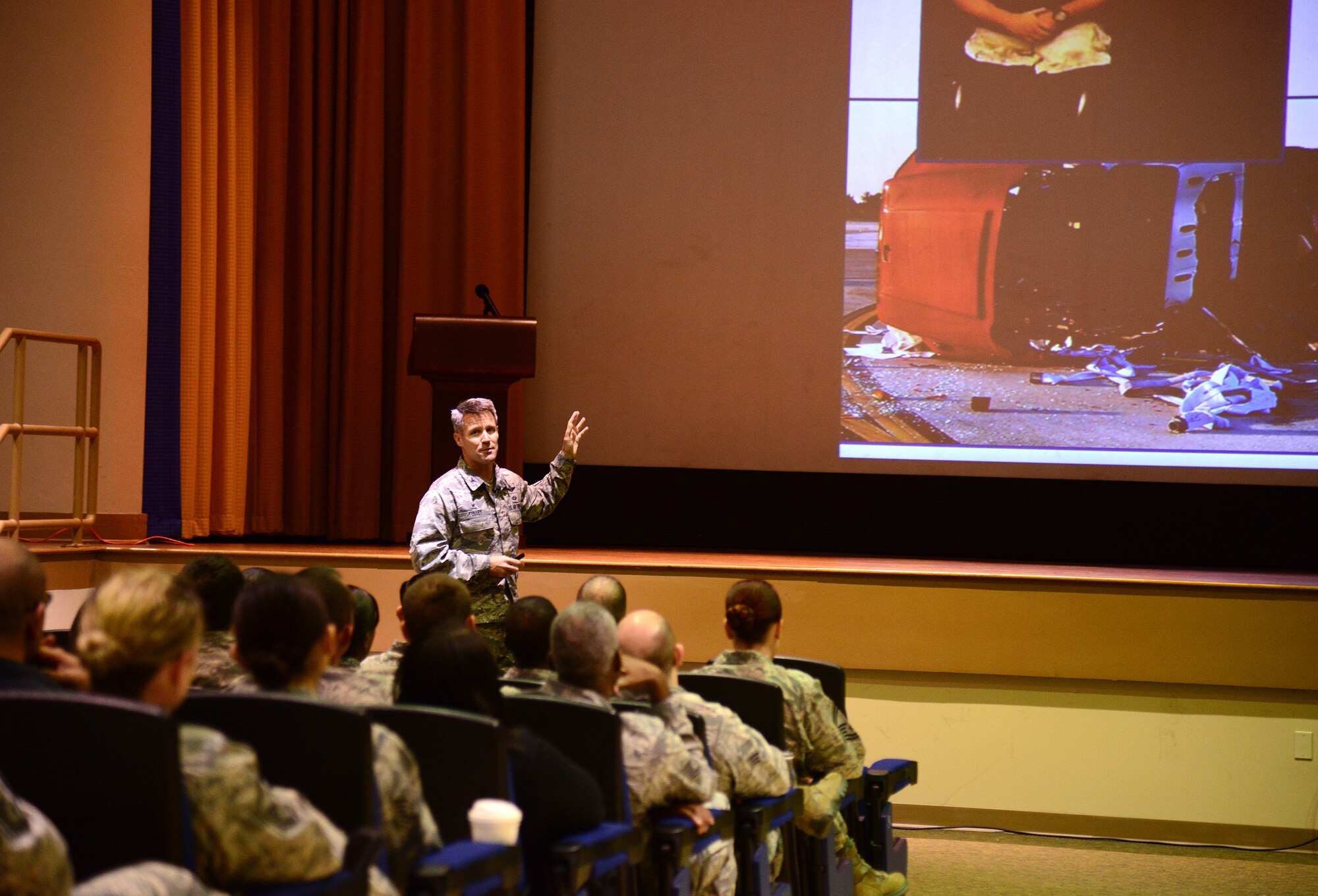 Col. Daniel Tulley, 6th Air Mobility Wing commander, briefs members of the 6th Missions Support Group and 6th Air Mobility Wing staff agencies during the safety day at MacDill Air Force Base, Fla., Jan. 20, 2015. Other than a mandatory wing commander brief, Tulley gave each group commander the flexibility for them to focus on safety specifics of the individual unit’s mission. (U.S. Air Force photo by Staff Sgt. Brittany Liddon/Released)