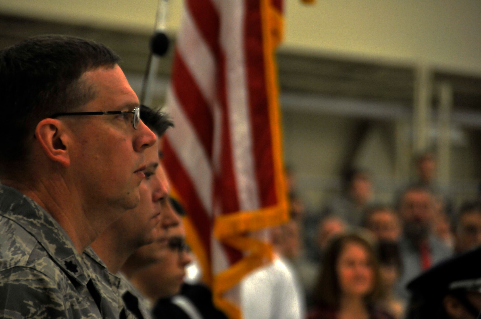 Lt. Col. Jim Krohn, 188th Wing inspector general, looks on during a wing change of command ceremony Jan. 11 at Ebbing Air National Guard Base, Fort Smith, Ark. Col. Mark Anderson relinquished command of the 188th to Col. Bobbi Doorenbos during the ceremony. (U.S. Air National Guard photo by Staff Sgt. John Suleski/released)