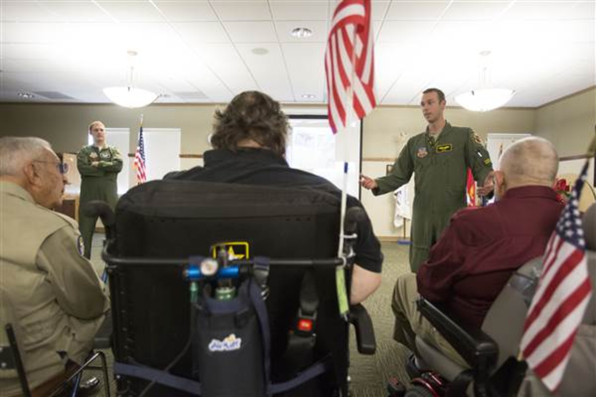Capt. Timothy "Check" Six and Capt. Brad "Scooby" Hunt spoke to veterans about their experiences as 388th Fighter Wing pilots at the George E. Wahlen Veteran's Home on Thursday, January 15, 2015.