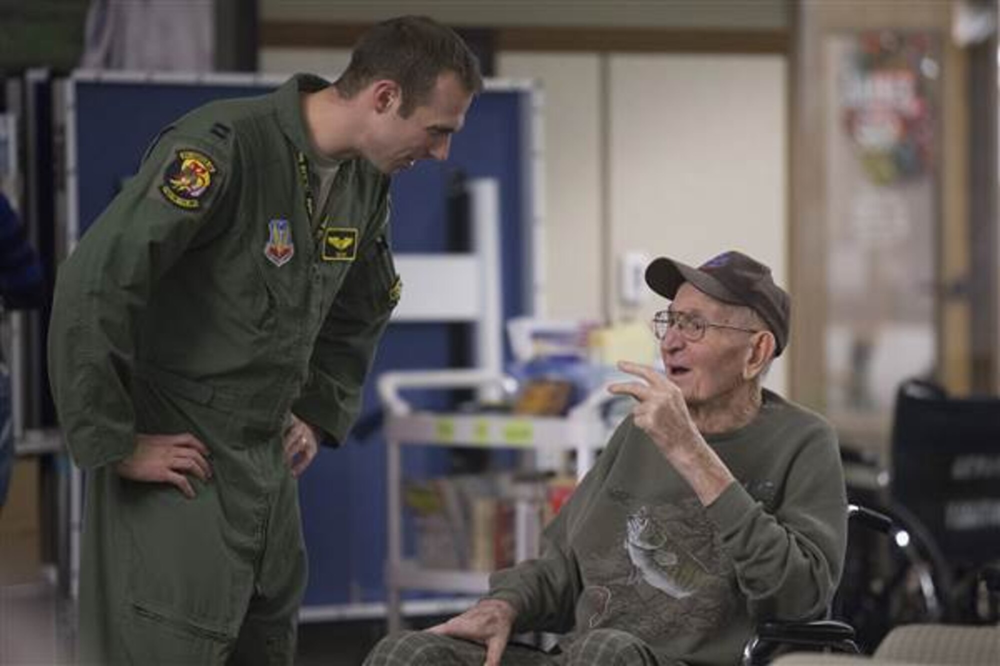 Capt. Timothy "Check" Six and Capt. Brad "Scooby" Hunt spoke to veterans about their experiences as 388th Fighter Wing pilots at the George E. Wahlen Veteran's Home on Thursday, January 15, 2015.