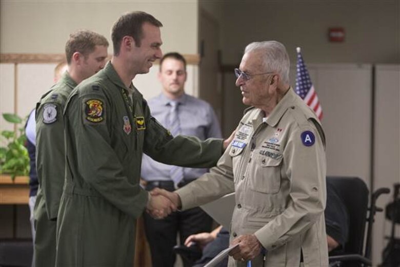 Capt. Timothy "Check" Six and Capt. Brad "Scooby" Hunt spoke to veterans about their experiences as 388th Fighter Wing pilots at the George E. Wahlen Veteran's Home on Thursday, January 15, 2015.