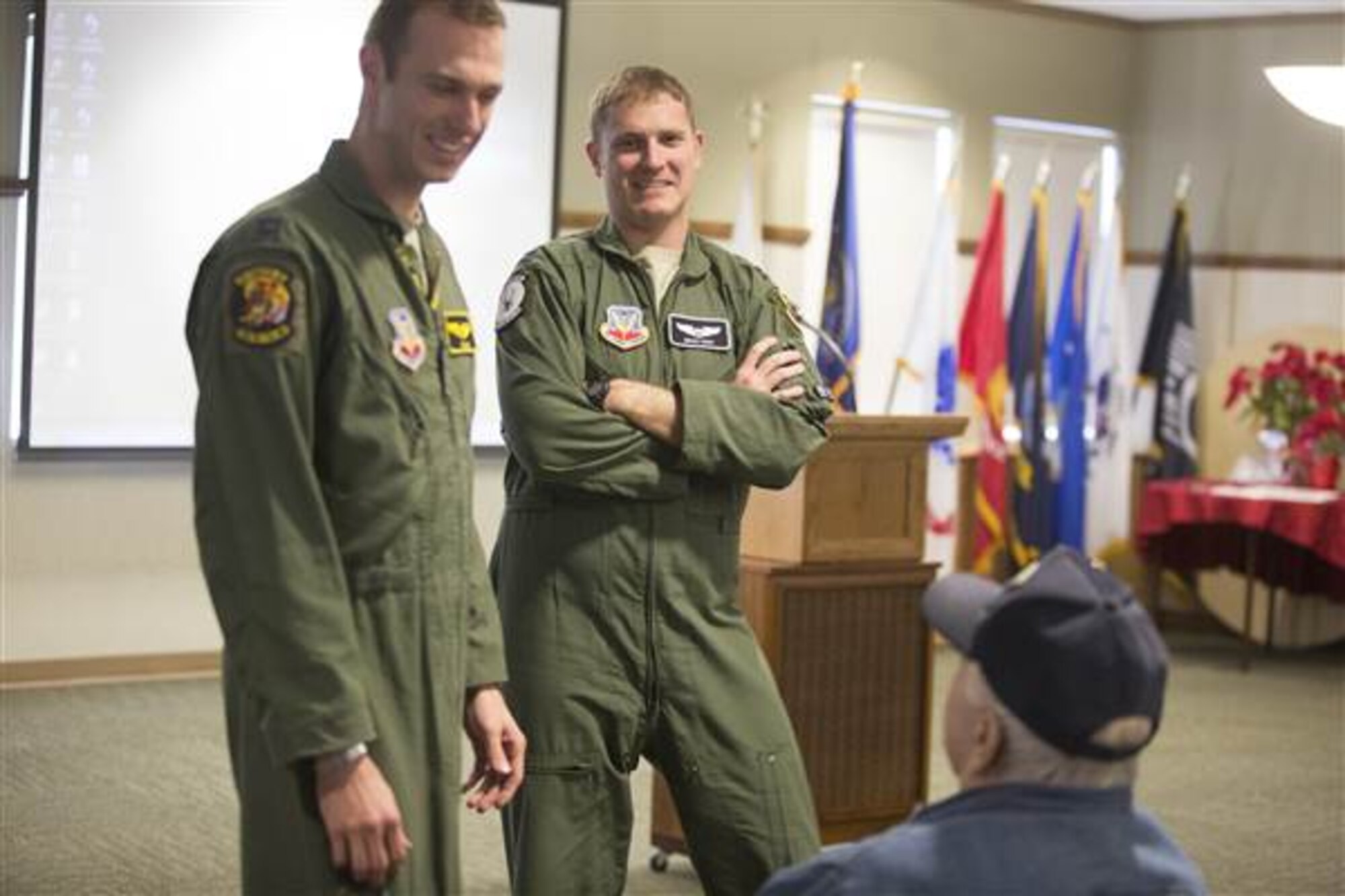 Capt. Timothy "Check" Six and Capt. Brad "Scooby" Hunt spoke to veterans about their experiences as 388th Fighter Wing pilots at the George E. Wahlen Veteran's Home on Thursday, January 15, 2015.