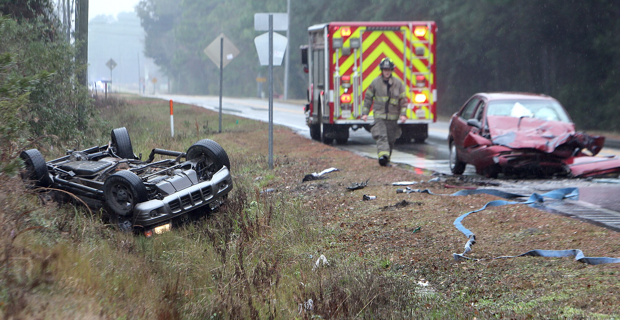 Emergency crews work the scene of an accident on U.S. 390 near Transmitter Road in Lynn Haven on Jan 15. (Courtesy photo Andrew Wardlow, News Herald)