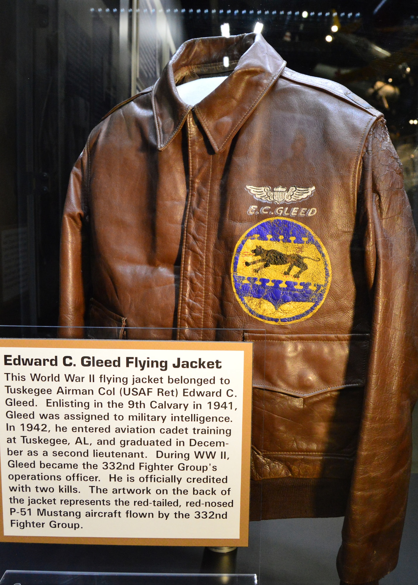 DAYTON, Ohio -- This World War II flying jacket belonged to Tuskegee Airman Col. (Ret.) Edward C. Gleed and is on display in Tuskegee Airmen exhibit in the WWII Gallery at the National Museum of the U.S. Air Force. (U.S. Air Force photo)