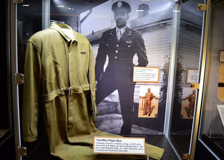 DAYTON, OH --Tuskegee Airman Lt. Haldane King, a B-25 pilot, wore this A-4 flight suit during World War II. His son, Capt. Haldane King Jr., a KC-135 pilot, wore it during the Southeast Asia War. This flight suit is on display in Tuskegee Airmen exhibit in the WWII Gallery at the National Museum of the U.S. Air Force. (U.S. Air Force photo)

