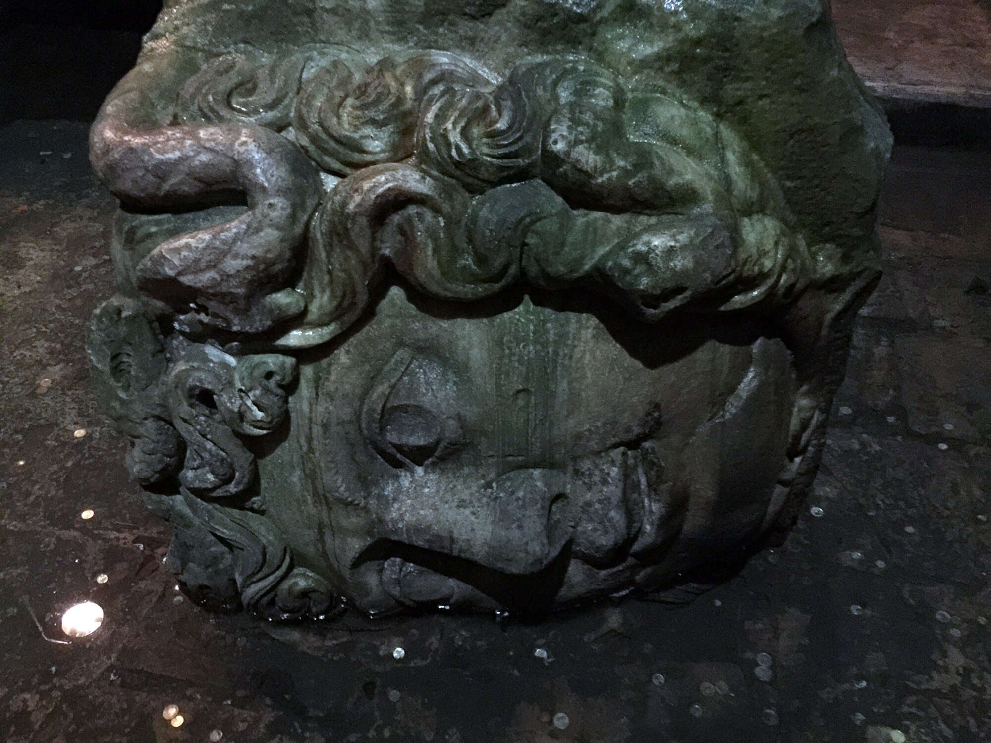 The Basilica Cistern, the largest cistern buried under the city of Istanbul, also hides two oversized emerald green Medusa heads. Of unknown origins, the heads are one of the most visited sites in Istanbul. (U.S. Air Force photo by Senior Airman Michael Battles/Released)