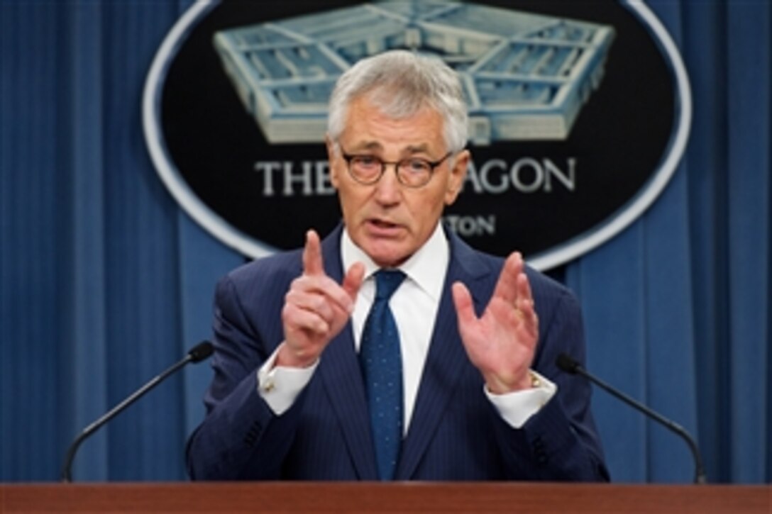 Defense Secretary Chuck Hagel takes questions from reporters during a news conference at the Pentagon, Jan. 22, 2015. 