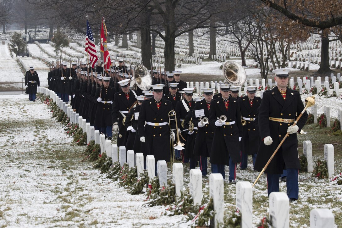 Col. Benjamin T. Watson, commanding officer, Marine Barracks Washington, D.C.  leads a funeral procession through Arlington National Cemetery, Arlington Va., Jan. 21. (U.S. Marine Corps Photo by Lance Cpl. Christian Varney/Released)