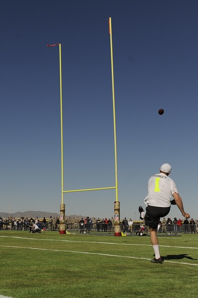 Cody Parkey, Philadelphia Eagles placekicker assigned to Team Carter, kicks a field goal during the Pro Bowl practice held at Luke Air Force Base, Arizona, Jan. 22, 2015. The Pro Bowl players came out to Luke to show support and practice for the game this Sunday. (U.S. Air Force photo by Staff Sgt. Staci Miller)