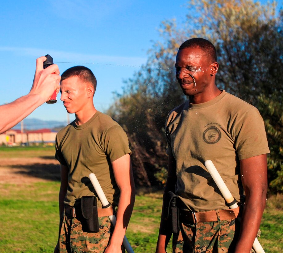 Two Marines with 1st Law Enforcement Battalion experience Oleoresin Capsicum spray aboard Camp Pendleton, Calif., Jan. 14, 2015. OC is a chemical agent compound mixed with different peppers that irritates the eyes, which causes tears, burning of the skin, involuntary muscle relaxation and temporary blindness to incapacitate an individual for a short period of time.