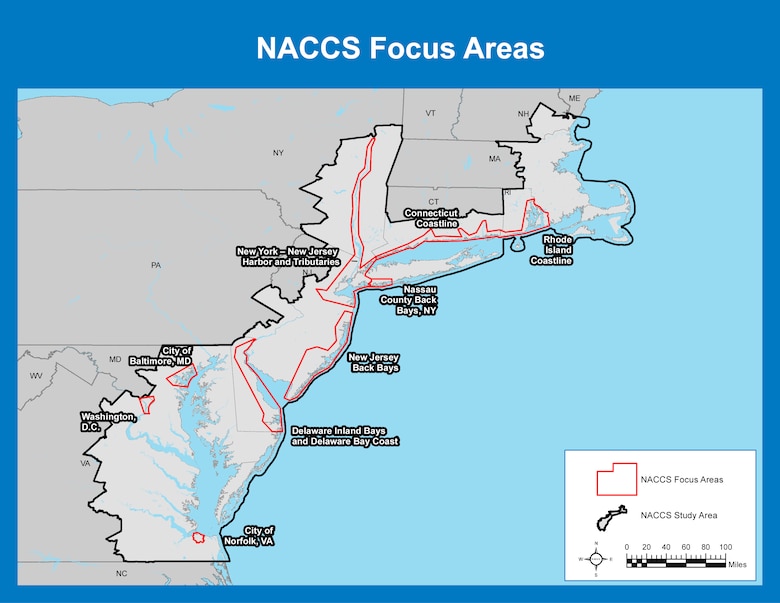 Many communities along the Northeast remain vulnerable to coastal flooding. The Comprehensive Study identified nine high-risk focus areas that warrant additional analysis. They are (in no particular order): 1) Rhode Island Coastline; 2) Connecticut Coastline; 3) New York-New Jersey Harbor and Tributaries; 4) Nassau County Back Bays, New York; 5) New Jersey Back Bays; 6) Delaware Inland Bays and Delaware Bay Coast; 7) the City of Baltimore; 8) the District of Columbia; and the 9) the City of Norfolk.