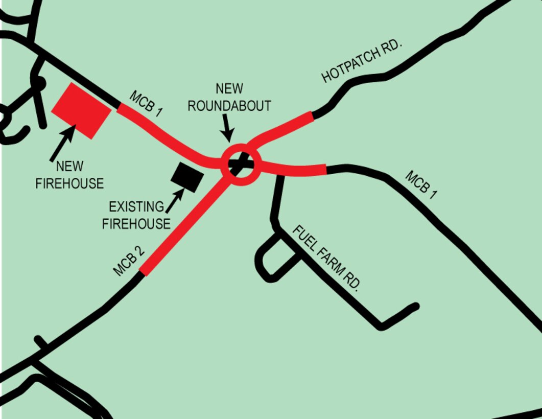 The current and proposed placement of Fire Station 533, located on the west side of Marine Corps Base Quantico, are shown above. In addition to a new, larger fire station, a two-lane traffic circle will be added at the intersection of MCB1 and Hot Patch Road to alleviate the traffic delays.